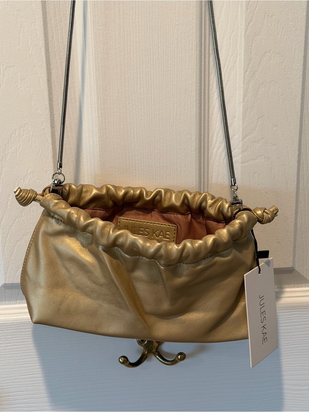 Jules Kae Gold Ruched Vegan Leather Crossbody Shoulder Bag NWT